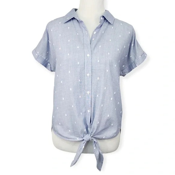 Anthropologie Cloth and Stone Clip Dot Button Down Short Sleeve Tie Front Top - Picture 2 of 10